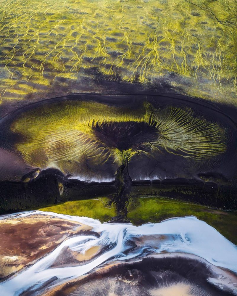 Moss and meltwater in the shape of a tree, from the air