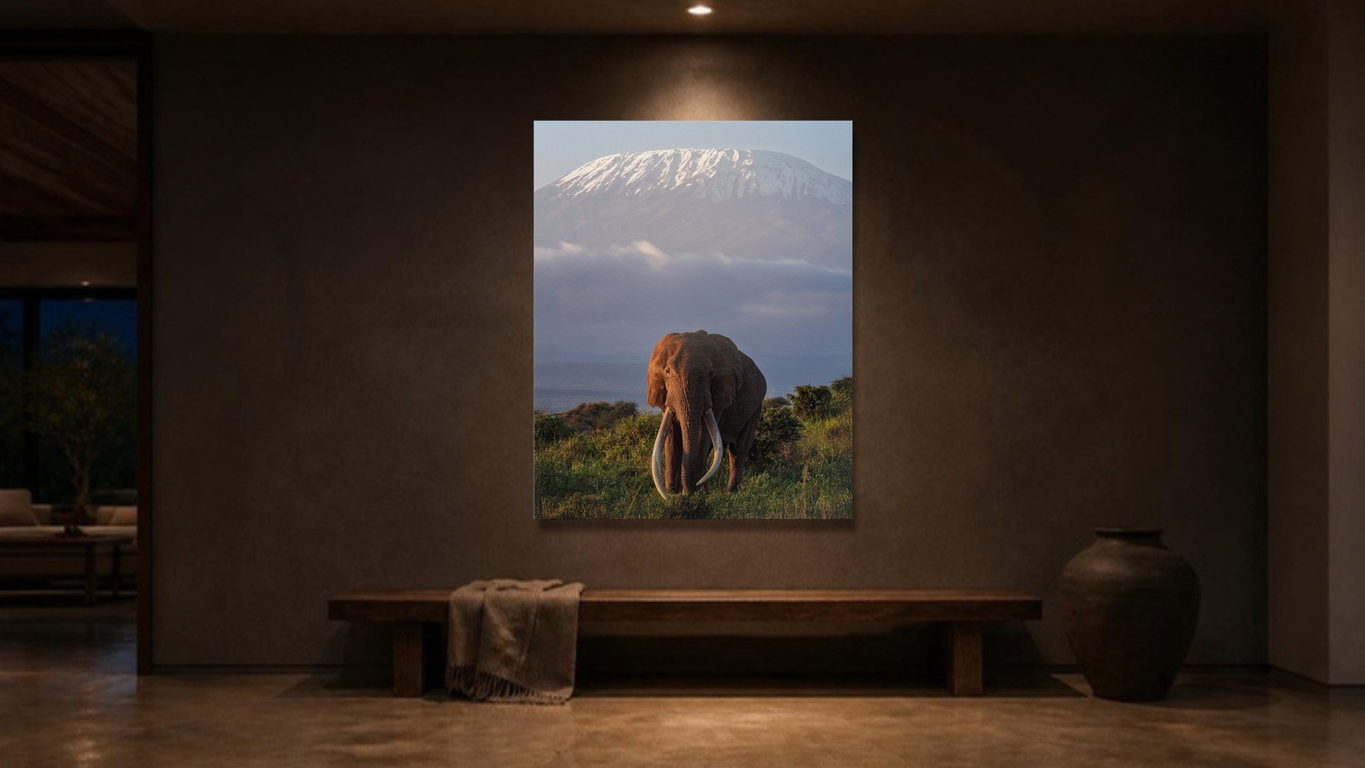 Beneath Kilimanjaro as a large acrylic print in a dark entrance hall, lit by a single spotlight (visualisation)